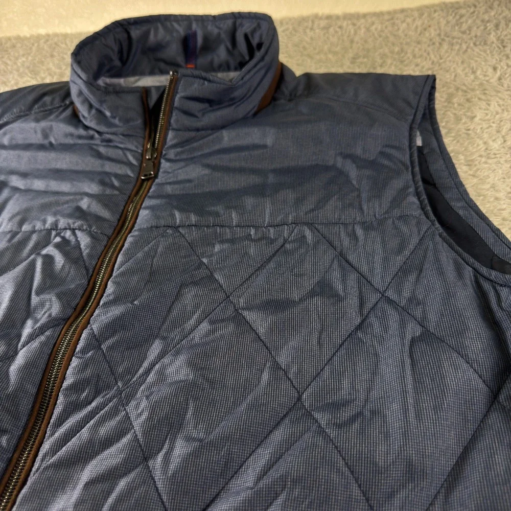 Tommy Bahama Mens XL Blue Quilted Full Zip Vest Diamond Pattern‎ Brown Trim